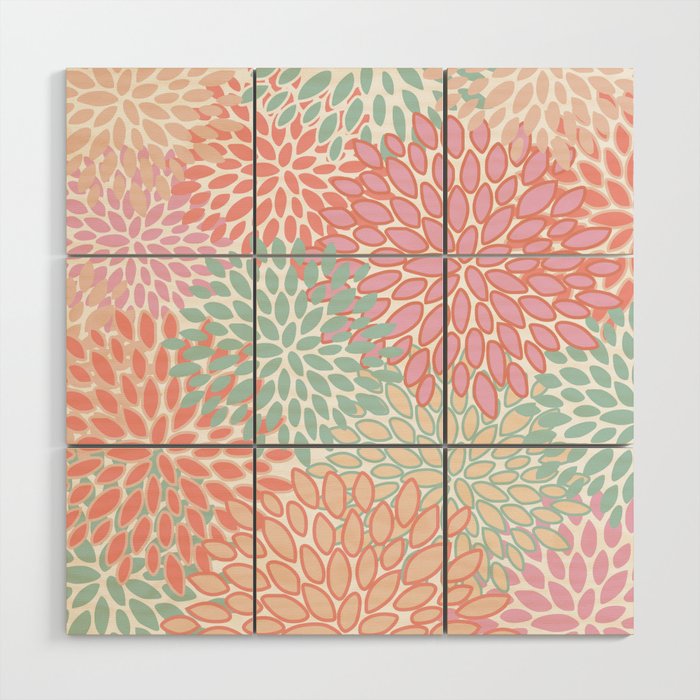 Festive, Floral Prints, Pink, Teal and Coral Wood Wall Art Gallery Image 1