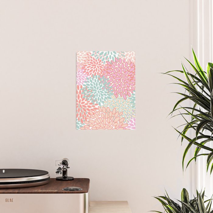 Festive, Floral Prints, Pink, Teal and Coral Poster Gallery Image 2