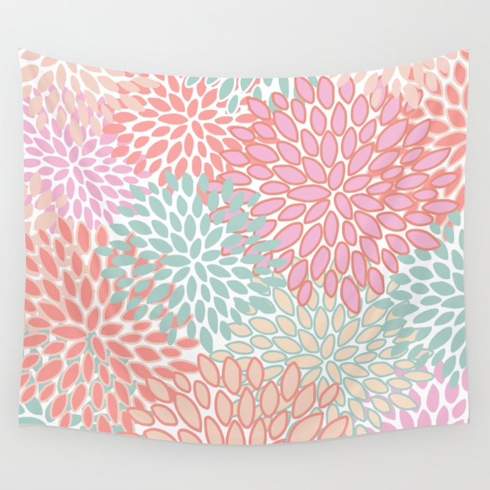Festive, Floral Prints, Pink, Teal and Coral Wall Tapestry Gallery Image 4
