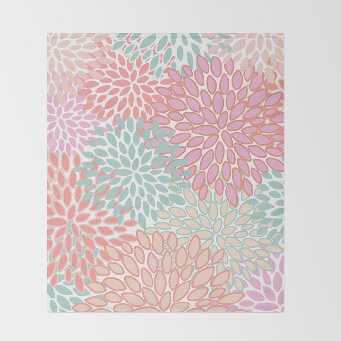 Festive, Floral Prints, Pink, Teal and Coral Throw Blanket Gallery Image 2