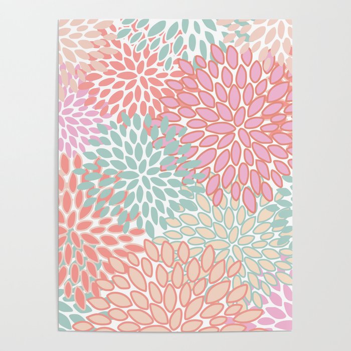 Festive, Floral Prints, Pink, Teal and Coral Poster Gallery Image 4