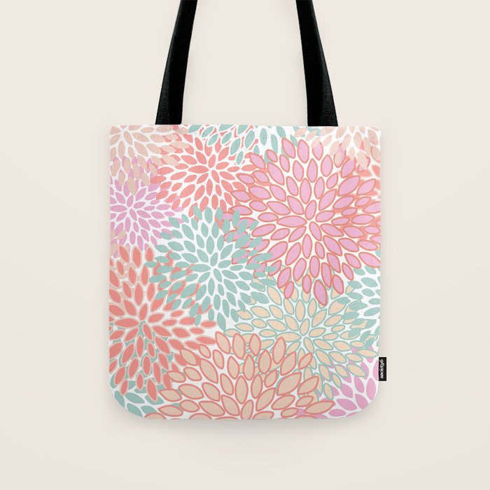 Festive, Floral Prints, Pink, Teal and Coral Tote Bag Gallery Image 1