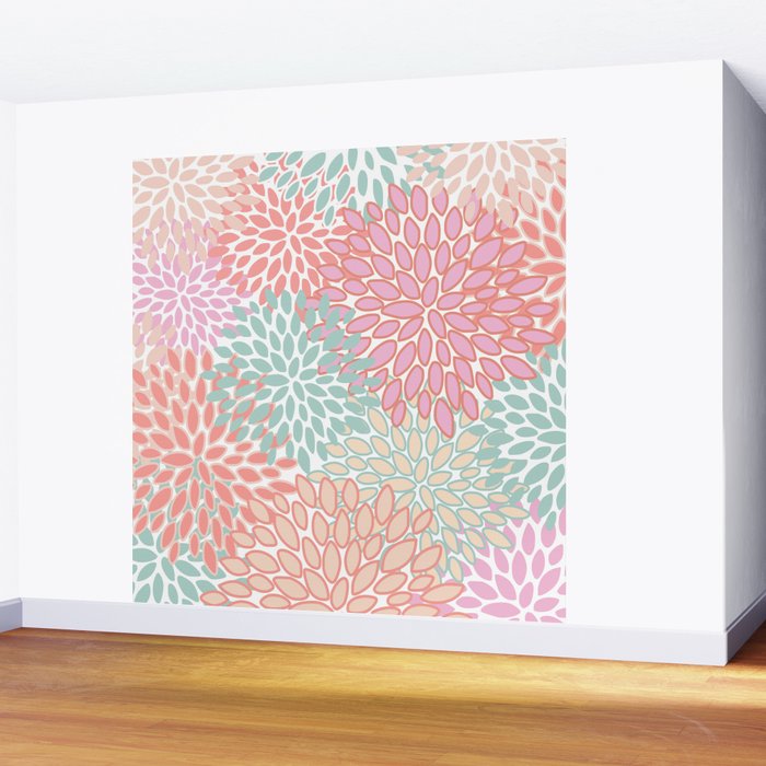 Festive, Floral Prints, Pink, Teal and Coral Wall Mural Gallery Image 2