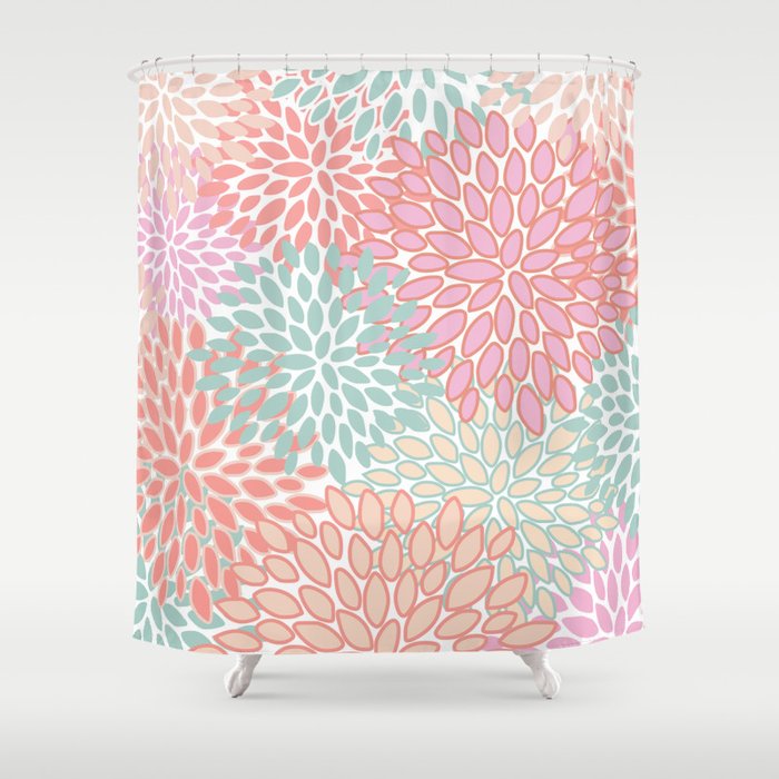 Festive, Floral Prints, Pink, Teal and Coral Shower Curtain Gallery Image 1