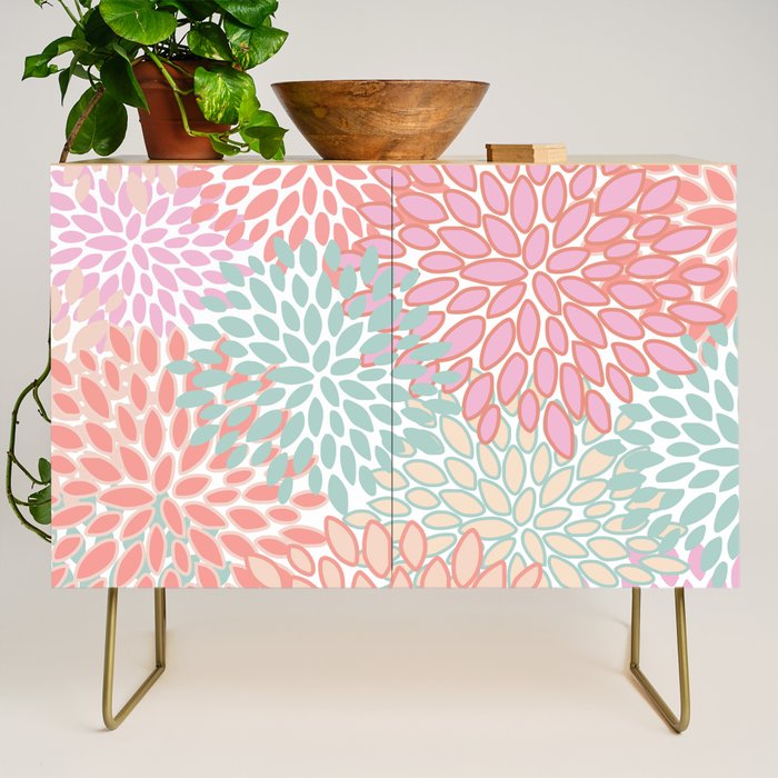 Festive, Floral Prints, Pink, Teal and Coral Credenza Gallery Image 1