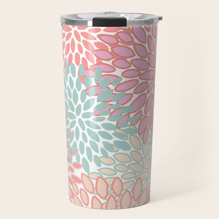 Festive, Floral Prints, Pink, Teal and Coral Travel Mug Gallery Image 1