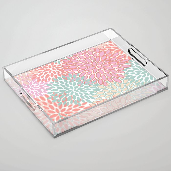Festive, Floral Prints, Pink, Teal and Coral Acrylic Tray Gallery Image 1