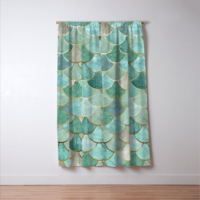 Moroccan Mermaid Fish Scale Pattern, Green and Gold Window Curtain Gallery Image 3