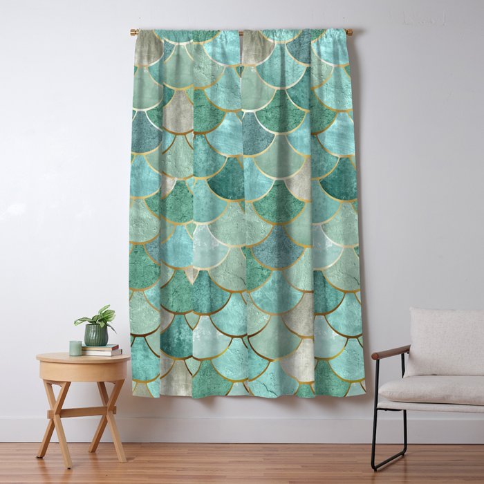 Moroccan Mermaid Fish Scale Pattern, Green and Gold Window Curtain Gallery Image 1