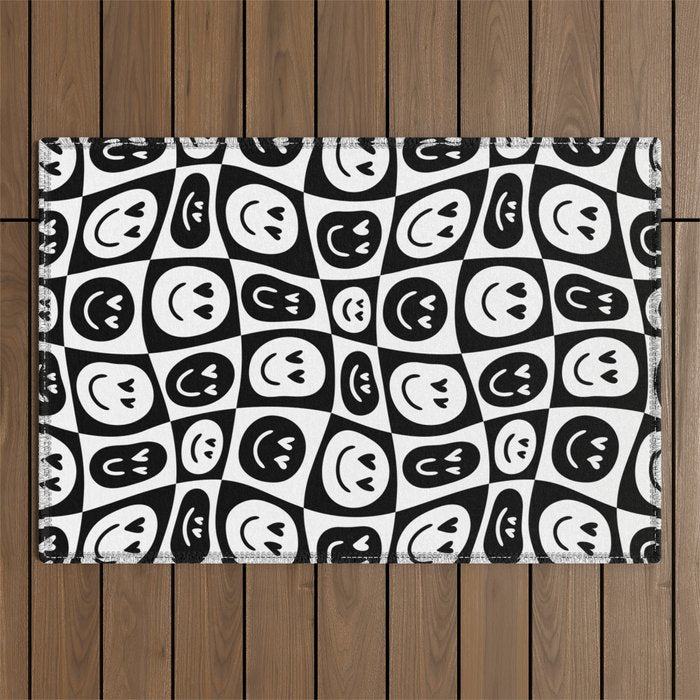 Black and white checkered love face pattern Outdoor Rug Gallery Image 1