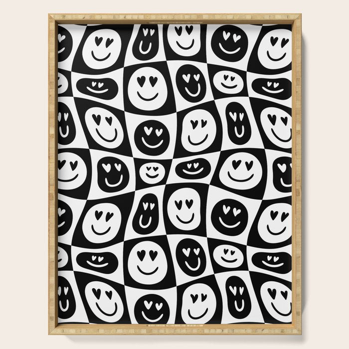 Black and white checkered love face pattern Serving Tray Gallery Image 1