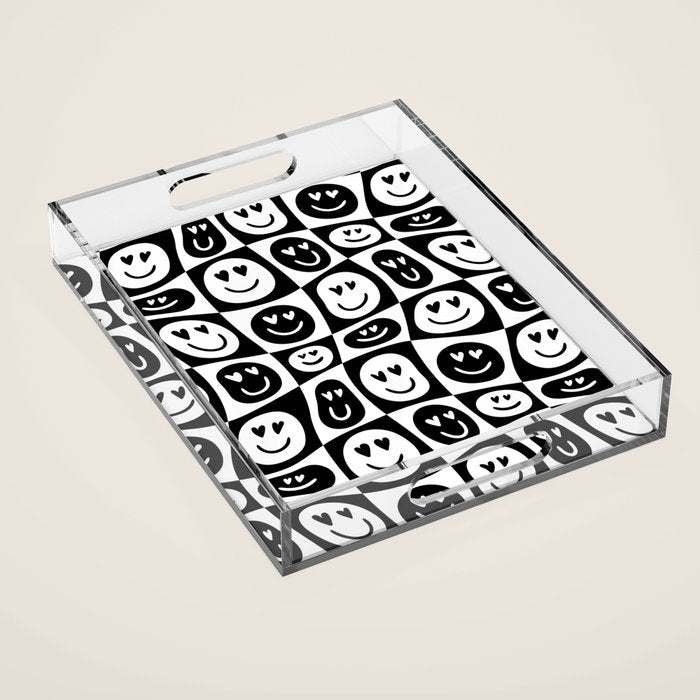 Black and white checkered love face pattern Acrylic Tray Gallery Image 1