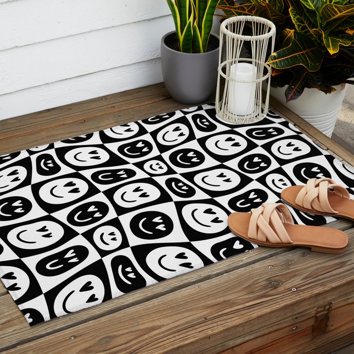 Black and white checkered love face pattern Outdoor Rug Gallery Image 2
