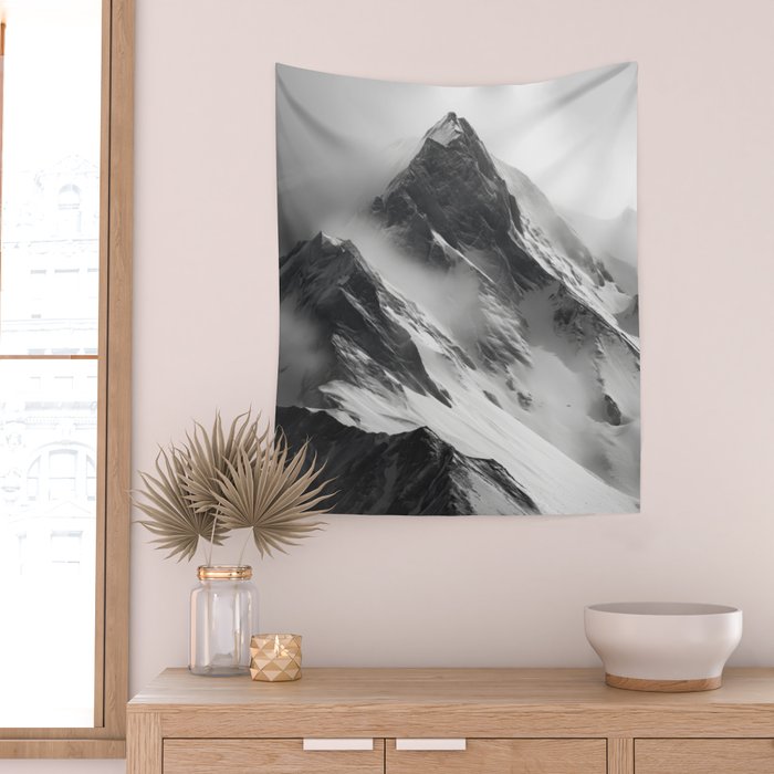 Alpine Silence - Minimalist Snowy Peak Wall Art Wall Tapestry Gallery Image 2