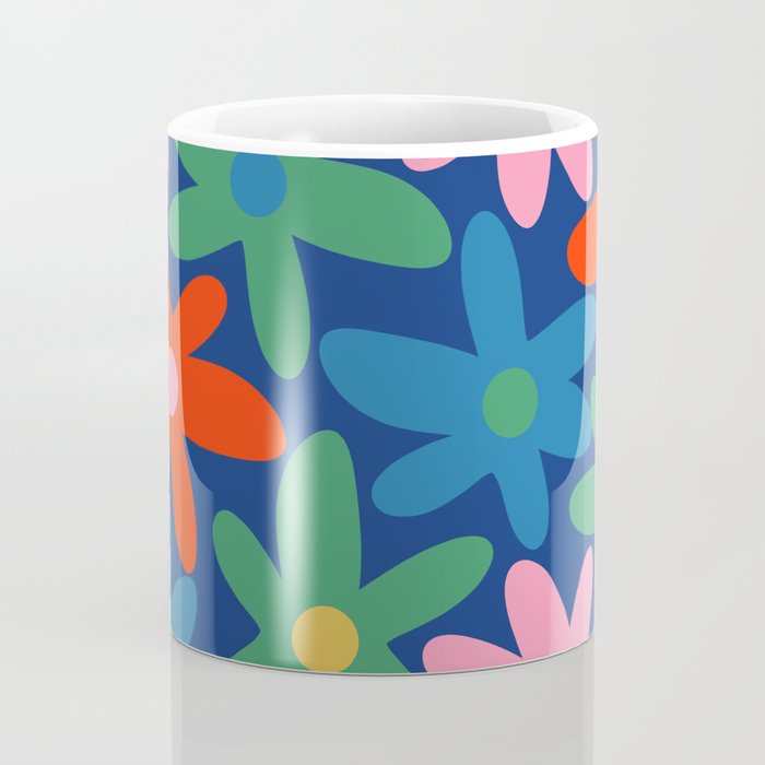 Daisy Time Colorful Retro Floral Pattern on Blue Coffee Mug Gallery Image 4