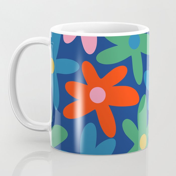 Daisy Time Colorful Retro Floral Pattern on Blue Coffee Mug Gallery Image 3
