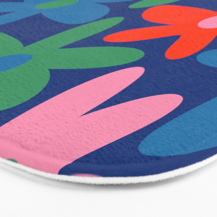 Daisy Time Colorful Retro Floral Pattern on Blue Bath Mat Gallery Image 3