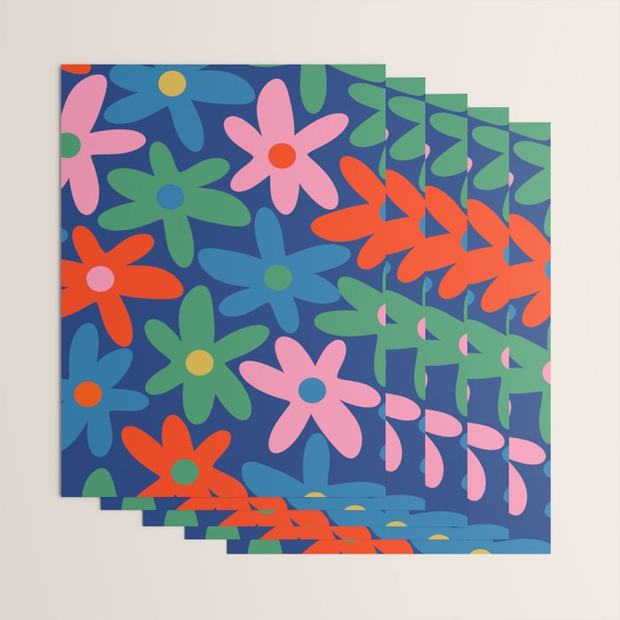 Daisy Time Colorful Retro Floral Pattern on Blue Wrapping Paper Gallery Image 3
