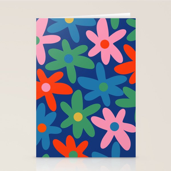 Daisy Time Colorful Retro Floral Pattern on Blue Stationery Card Gallery Image 2