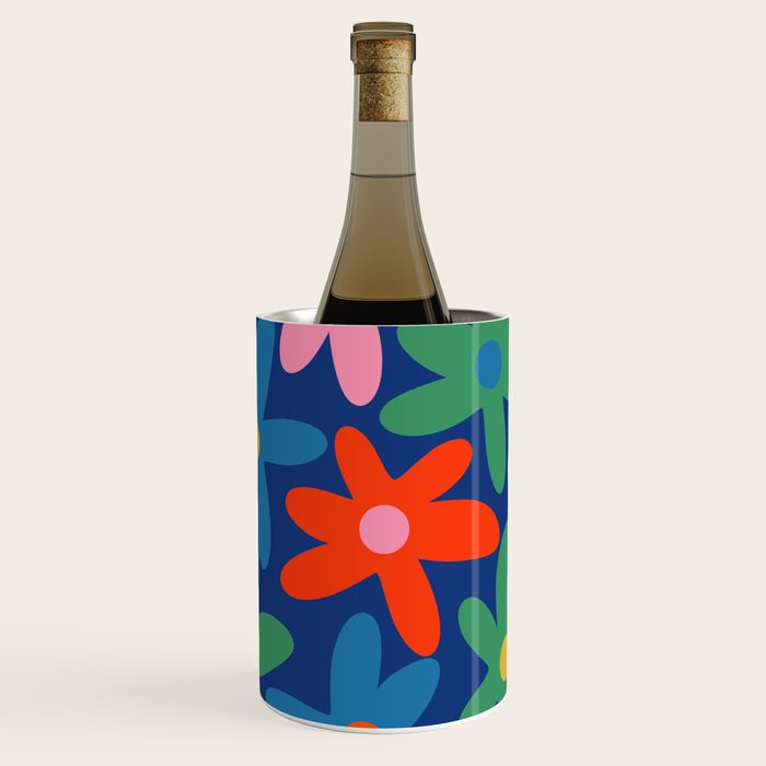 Daisy Time Colorful Retro Floral Pattern on Blue Wine Chiller Gallery Image 2