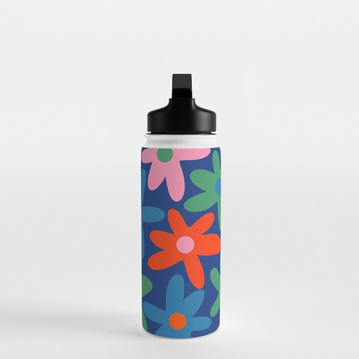 Daisy Time Colorful Retro Floral Pattern on Blue Water Bottle Gallery Image 3