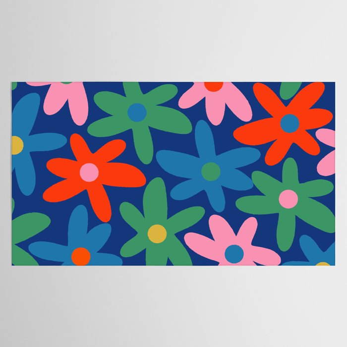 Daisy Time Colorful Retro Floral Pattern on Blue Tablecloth Gallery Image 2