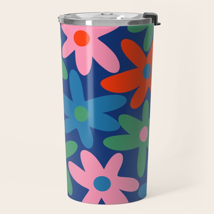 Daisy Time Colorful Retro Floral Pattern on Blue Travel Mug Gallery Image 2