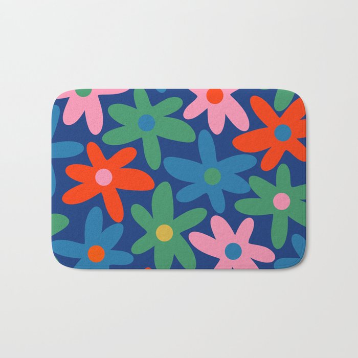 Daisy Time Colorful Retro Floral Pattern on Blue Bath Mat Gallery Image 1