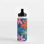 Daisy Time Colorful Retro Floral Pattern on Blue Water Bottle Gallery Image 2