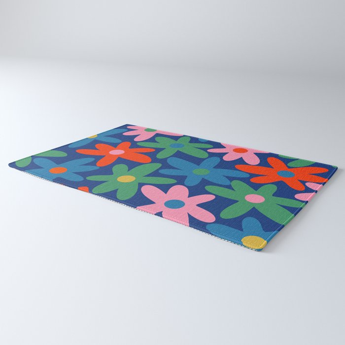 Daisy Time Colorful Retro Floral Pattern on Blue Rug Gallery Image 3