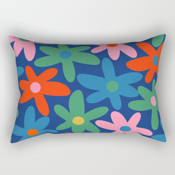 Daisy Time Colorful Retro Floral Pattern on Blue Rectangular Pillow Gallery Image 2