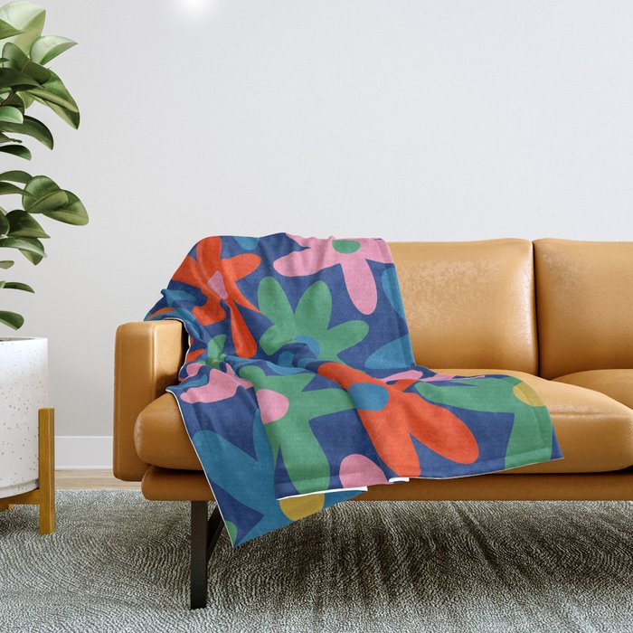 Daisy Time Colorful Retro Floral Pattern on Blue Throw Blanket Gallery Image 1