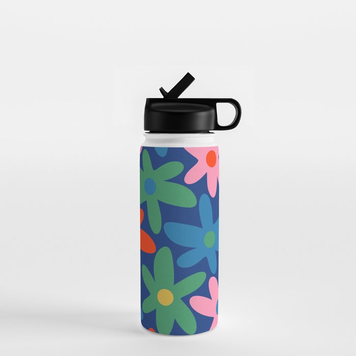 Daisy Time Colorful Retro Floral Pattern on Blue Water Bottle Gallery Image 1