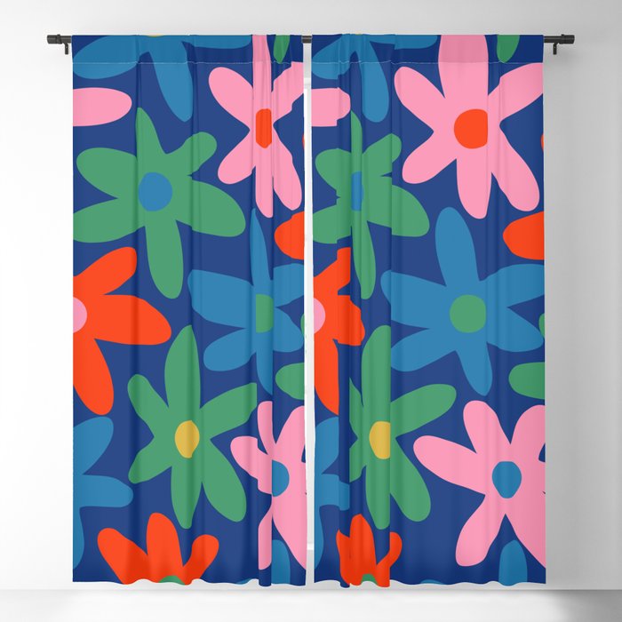 Daisy Time Colorful Retro Floral Pattern on Blue Window Curtain Gallery Image 5