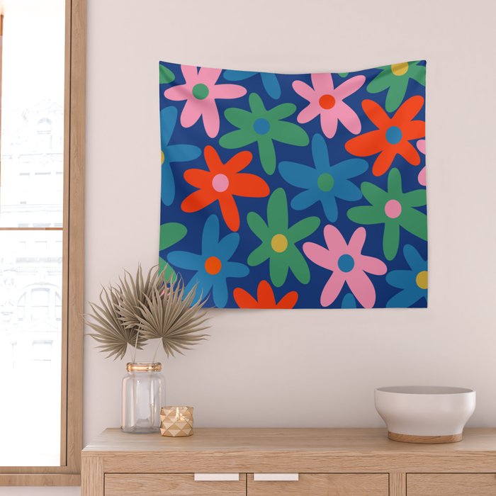 Daisy Time Colorful Retro Floral Pattern on Blue Wall Tapestry Gallery Image 2