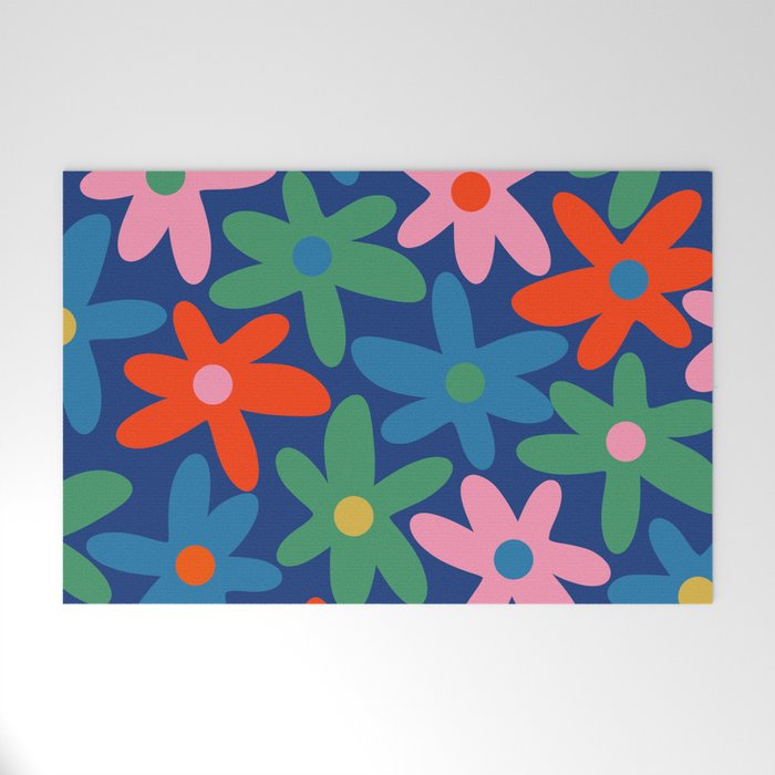 Daisy Time Colorful Retro Floral Pattern on Blue Welcome Mat Gallery Image 1