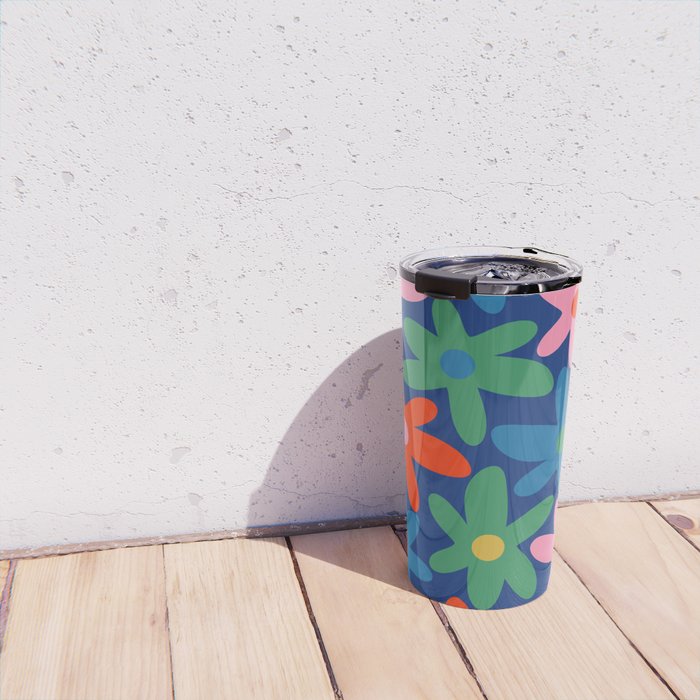 Daisy Time Colorful Retro Floral Pattern on Blue Travel Mug Gallery Image 4