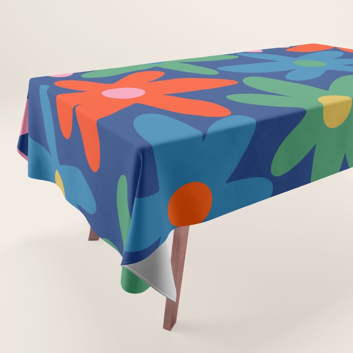 Daisy Time Colorful Retro Floral Pattern on Blue Tablecloth Gallery Image 1
