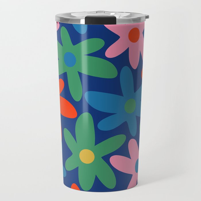 Daisy Time Colorful Retro Floral Pattern on Blue Travel Mug Gallery Image 1