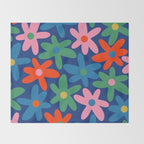 Daisy Time Colorful Retro Floral Pattern on Blue Throw Blanket Gallery Image 2