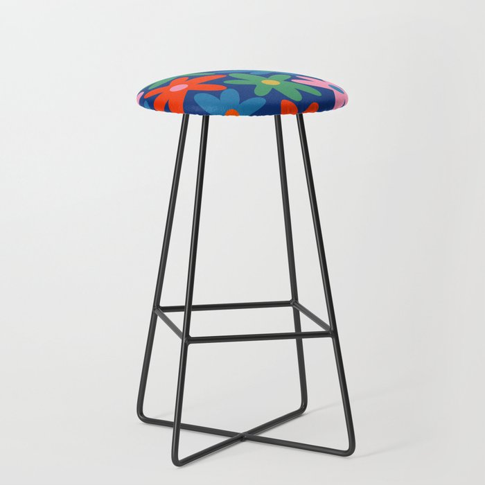 Daisy Time Colorful Retro Floral Pattern on Blue Stool Gallery Image 1