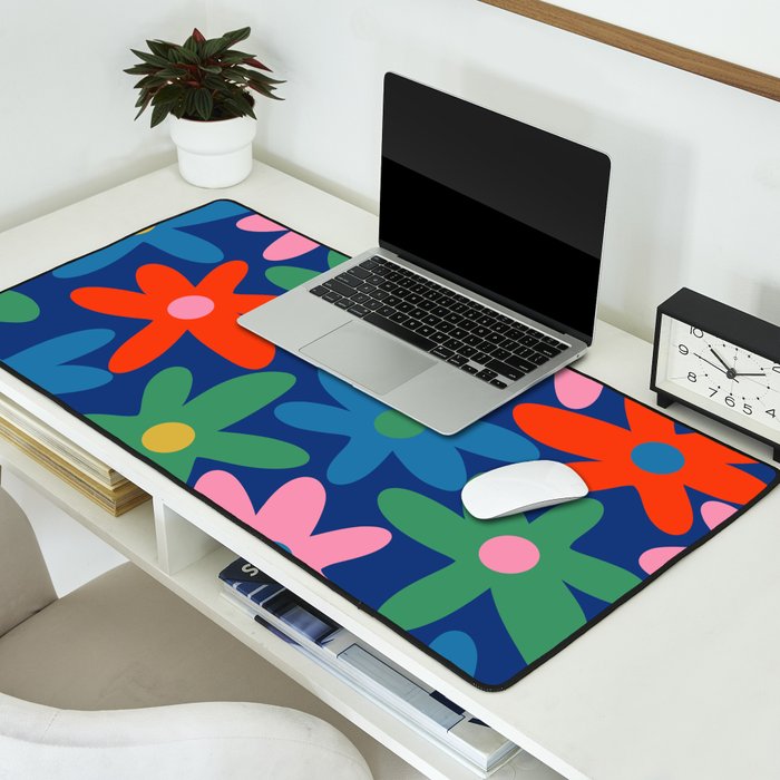 Daisy Time Colorful Retro Floral Pattern on Blue Desk Mat Gallery Image 2