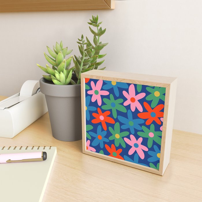 Daisy Time Colorful Retro Floral Pattern on Blue Mini Art Print Gallery Image 2