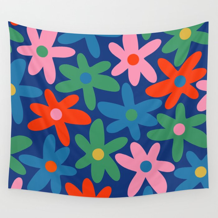 Daisy Time Colorful Retro Floral Pattern on Blue Wall Tapestry Gallery Image 1