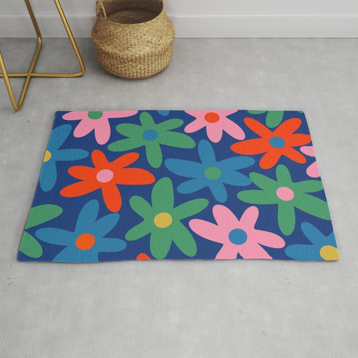 Daisy Time Colorful Retro Floral Pattern on Blue Rug Gallery Image 1