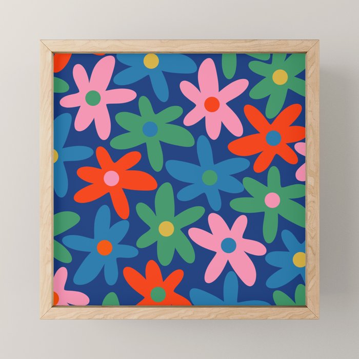 Daisy Time Colorful Retro Floral Pattern on Blue Mini Art Print Gallery Image 1