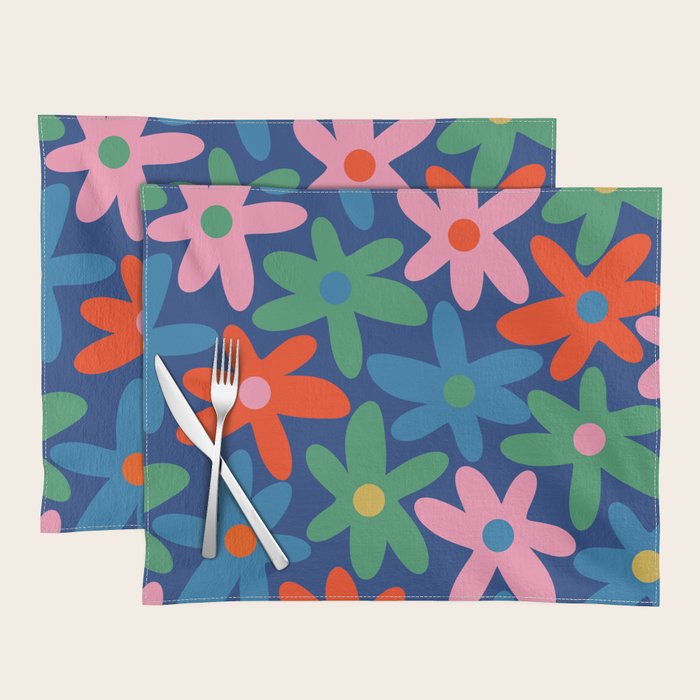 Daisy Time Colorful Retro Floral Pattern on Blue Placemat Gallery Image 1