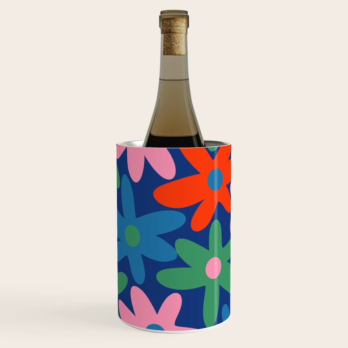 Daisy Time Colorful Retro Floral Pattern on Blue Wine Chiller Gallery Image 3