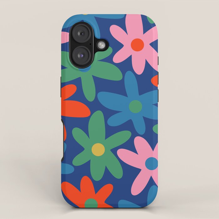 Daisy Time Colorful Retro Floral Pattern on Blue iPhone Case Gallery Image 1