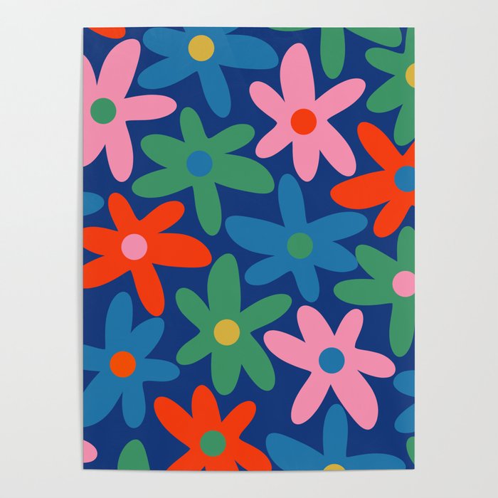 Daisy Time Colorful Retro Floral Pattern on Blue Poster Gallery Image 4